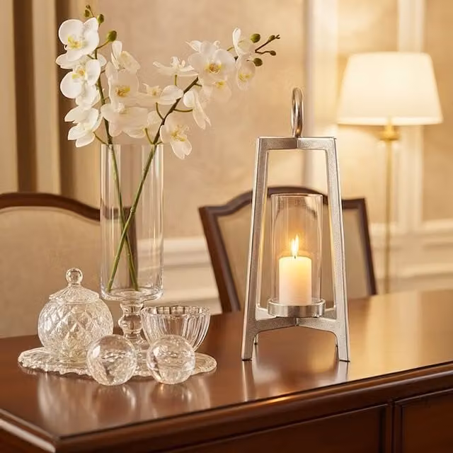 Orsina Mid-Century Modern Silver Metal and Glass Tabletop Candle Holder for Taper or Pillar Candles, W/D/H: 24.0 x 24.0 x 44.0 cm