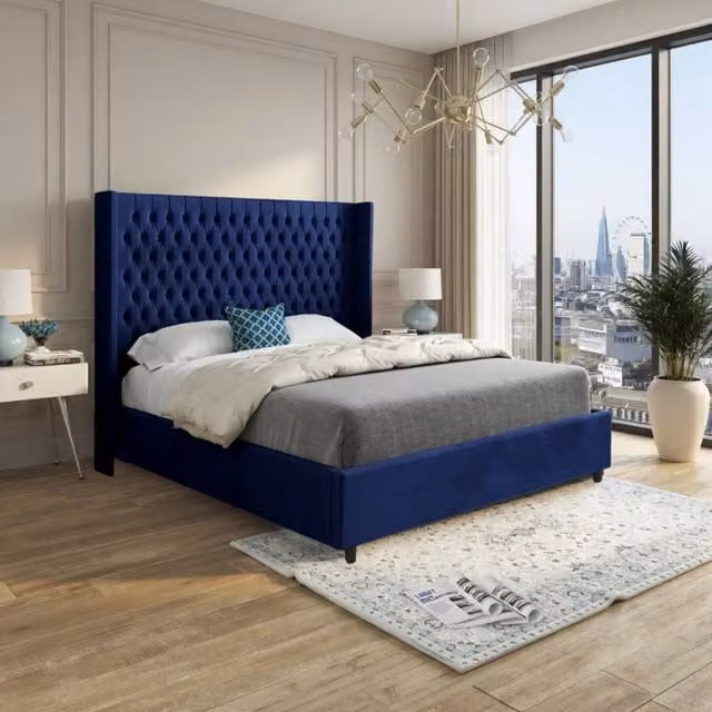 KDMD Wellesbourne Winged Upholstered Designer Bed Frame in Blue Velvet, W/D/H: 180 x 159 x 137 cm