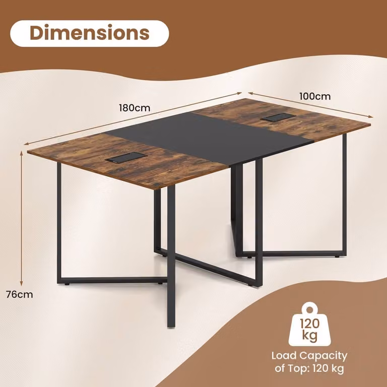 Gymax Industrial Rectangular Conference Table in Brown with Metal Frame and Grommet for 6-8 People