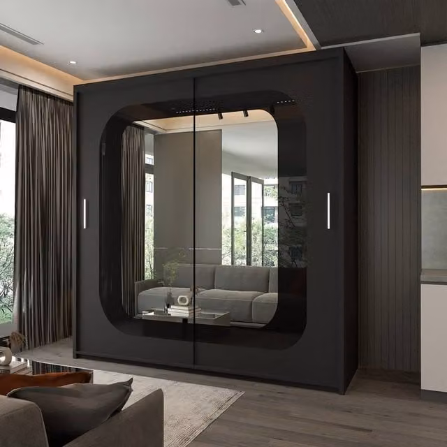 Sliding Wardrobes 4U Modern Double Door Sliding Wardrobe with Integrated LED Light and Mirror in Black, W: 203 cm, H: 217 cm