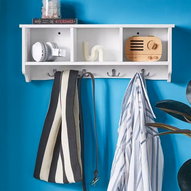 SoBuy Wall Mounted Coat Rack with 3 Cubby Shelves and 4 Hooks, White, W60 x D15 x H23 cm