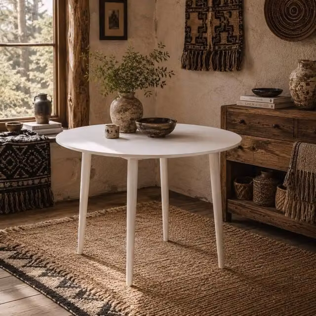 Wyld Haus Zinise Round Drop-Leaf Folding Dining Table in White Wood Grain, Seats 4
