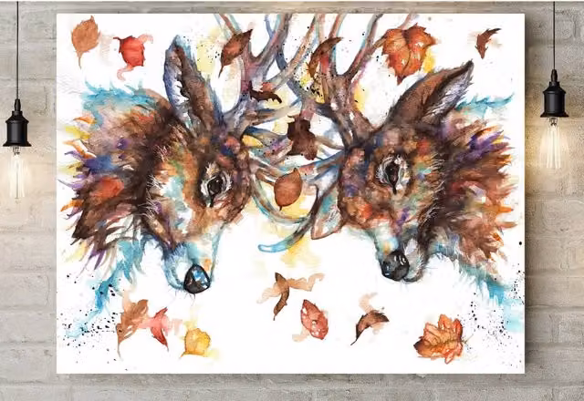 BebesArts Rutting Stags Canvas Painting in Brown and Multicolour, W: 60.96 cm x H: 60.96 cm