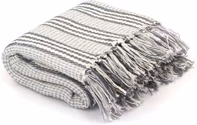 Berkfield Home Striped Cotton Throw with Fringes, Grey & White, W: 160 cm, L: 210 cm