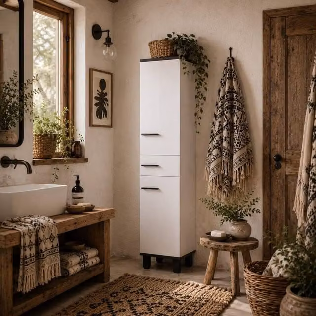 Wyld Haus Mael Extra Tall Slim Bathroom Storage Cabinet in White, H 190 cm x W 32 cm x D 34 cm