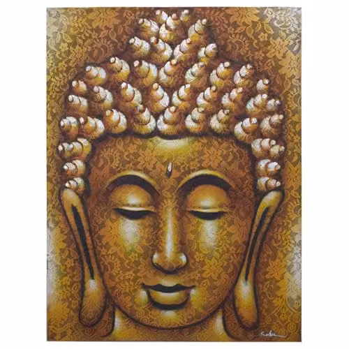 KDMD Buddha Painting with Gold Brocade Detail in Yellow