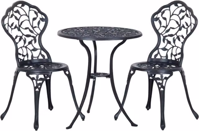 Furnold Set of 3 Black Matt Powder Coated Aluminium Bistro Table and Chairs with Art Nouveau Leaf Design