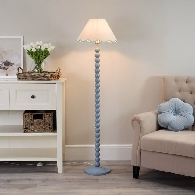 ValueLights Bobbins Floor Lamp with Green Fabric Scallop Shade and LED Bulb