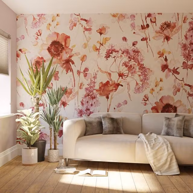 Superfresco Easy Watercolour Floral Pink and Red Botanical Mural W: 300 cm, H: 280 cm