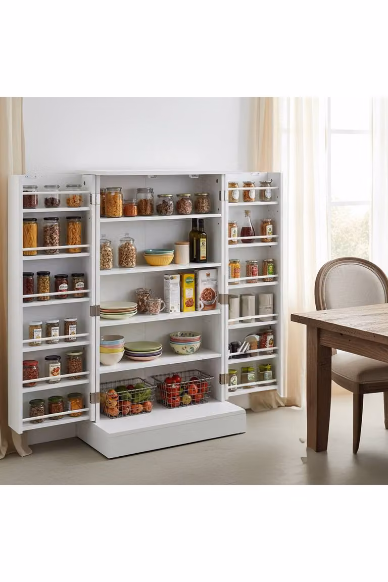 Living and Home Modern Freestanding Tall Kitchen Pantry Storage Cabinet in White Matt