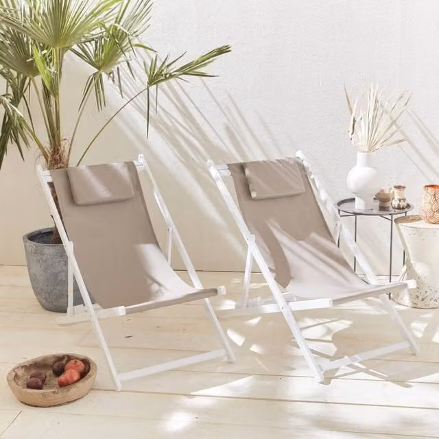 sweeek Set of 2 Multi-position Sun Loungers in Powder Coated Aluminium and Beige Textilene
