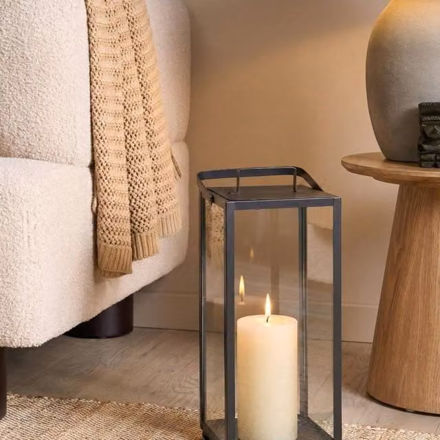 Wyld and Coco Nimbus Black Iron Industrial Modern Tabletop Lantern for Pillar Candles, Height: 41 cm