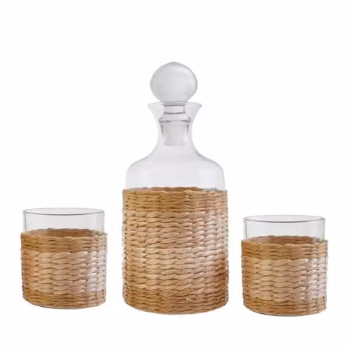 Orsina Rattan Wrapped Glass Decanter and Glasses Set in Transparent with Stopper, 1000ml