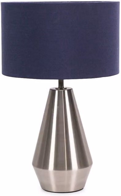 ValueLights Jax Dimmable Touch Table Lamp with Navy Blue Fabric Drum Shade and Brushed Chrome Metal Base