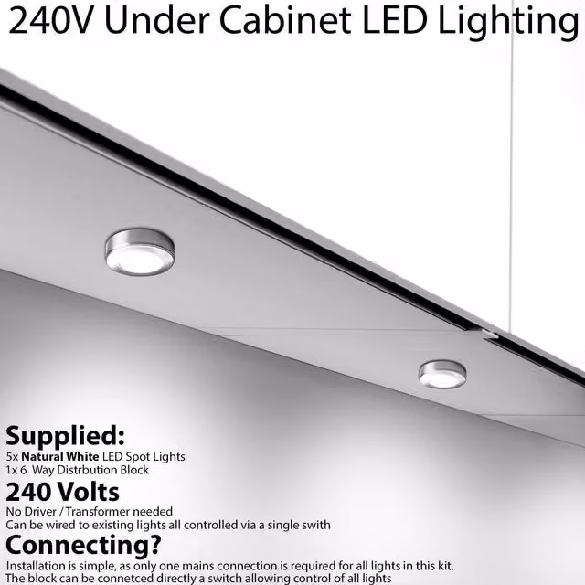 Loops 5x Chrome Round Under Cabinet Kitchen Light Kit with Natural White LED and Controller