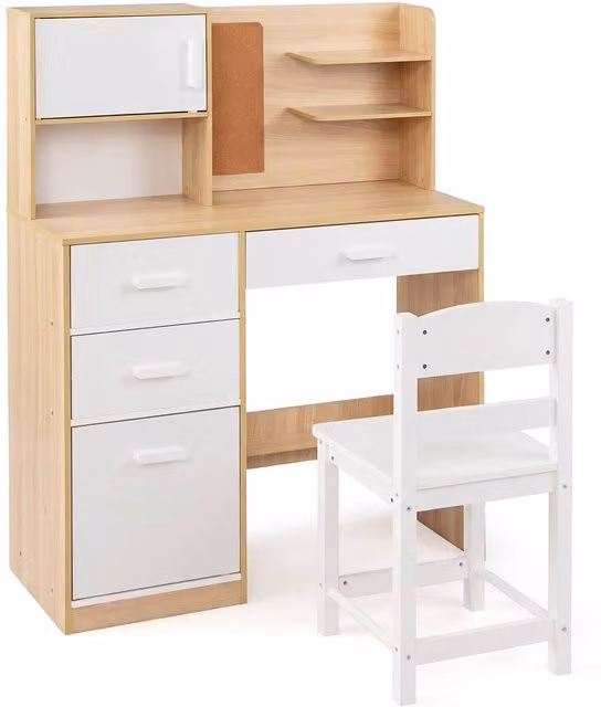 CASART Kids Wooden Desk and Chair Set with Hutch in Natural Pine