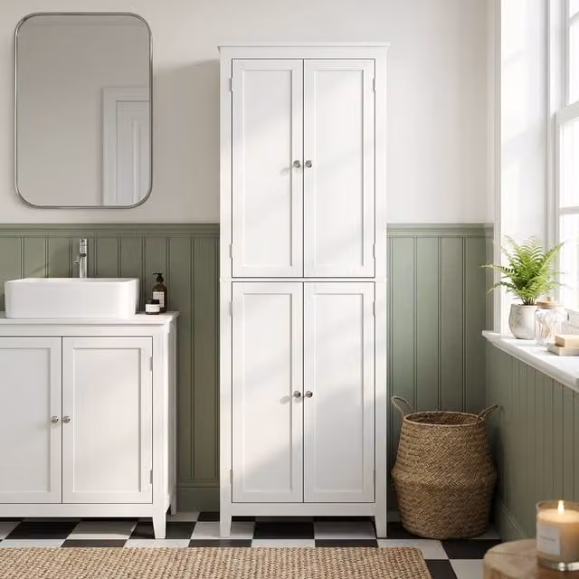 HOMCOM White Modern Freestanding Bathroom Storage Cabinet with Hinged Doors and Internal Shelves, Height: 170 cm