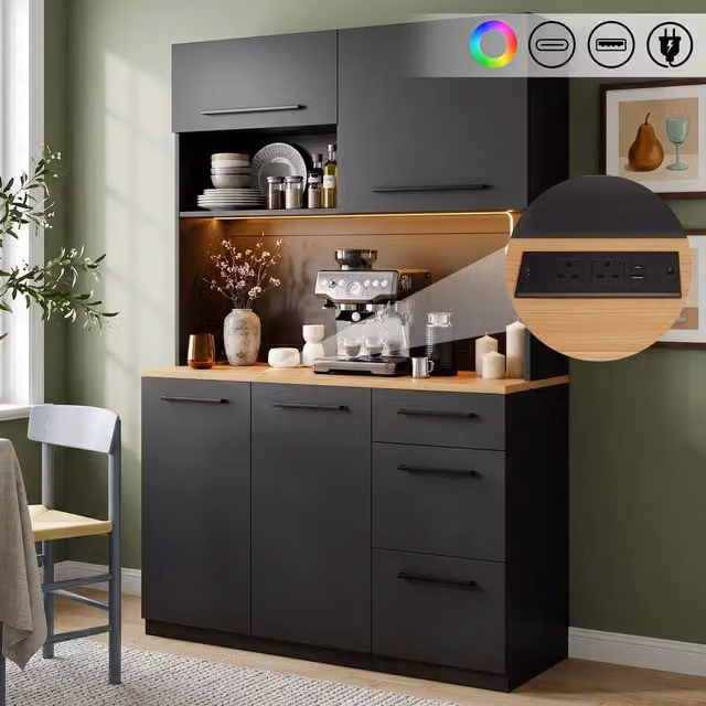 BTM Modern Black Tall Kitchen Sideboard with LED Lighting and USB Outlet, W/D/H: 120 x 40 x 180 cm