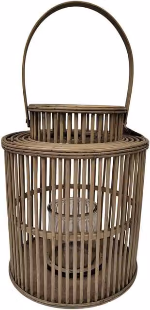 Hill Interiors Brown Wicker Rattan and Glass Cylinder Tabletop Lantern, Diameter: 26 cm, Height: 26 cm