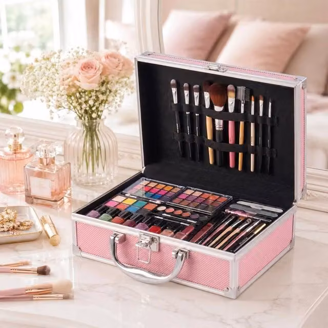 EONLION Pink Metal Lockable Makeup Train Case with Handle
