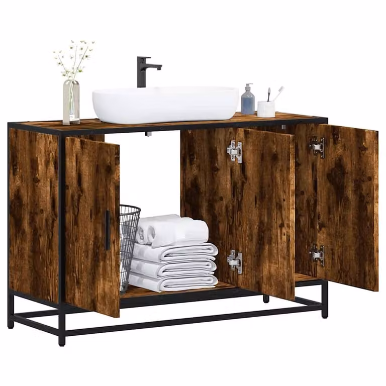 Berkfield Home Elegant Bathroom Sink Cabinet in Smoked Oak Brown, W/D/H: 90 x 33 x 60 cm