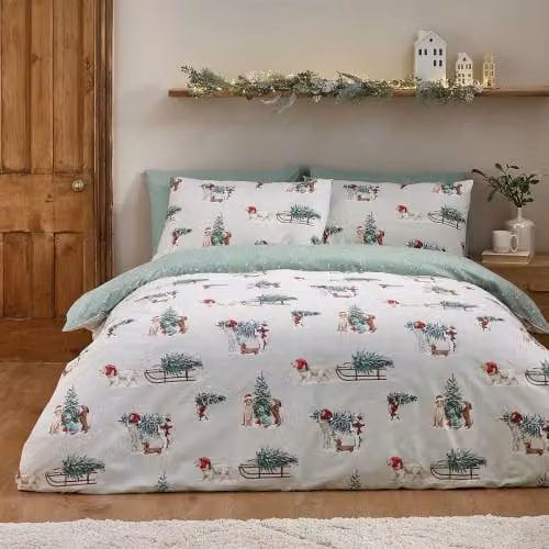 Catherine Lansfield Christmas Dogs Reversible Flannelette Duvet Cover Set, Green, King Size (Duvet Cover: 180 x 200 cm, Pillowcases: 50 x 75 cm)