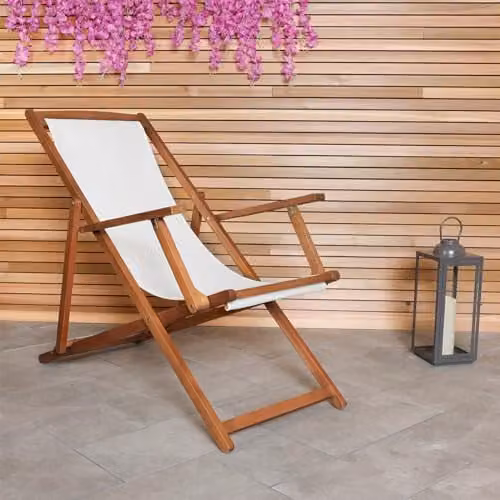 Charles Bentley FSC Eucalyptus and Acacia Wood Deck Chair with Cream Polyester Fabric, 3 Reclining Positions, W/D/H: 107 x 94 x 61 cm