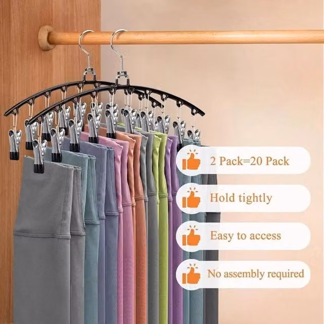 PAWNORA 2-Piece Stainless Steel Space-Saving Hanger with 10 Non-Slip Clips in Black