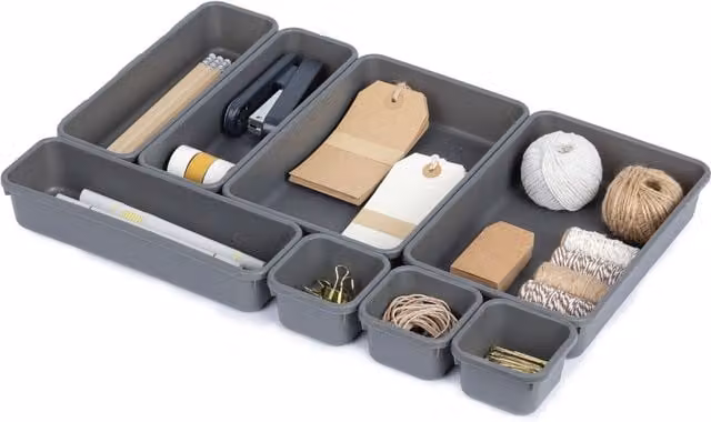LIVIVO 8-Piece Interlocking Grey Plastic Drawer Organiser and Divider Set