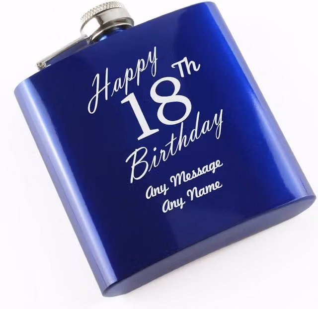 Uniqueful Personalised Engraved Blue Stainless Steel 6oz Hip Flask for 18th Birthday