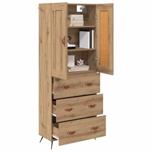 vidaXL Artisan Oak Highboard with 3 Drawers and Hinged Doors, W/D/H: 69.5 x 34 x 180 cm