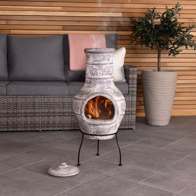 Charles Bentley Medium Clay Chiminea Outdoor Patio Heater Firepit in Grey