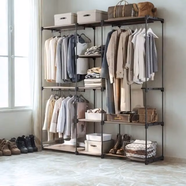 Pirlo Plush Metal Clothes Rail Open Wardrobe with Storage Shelves in Beige, H 182 cm x W 130 cm