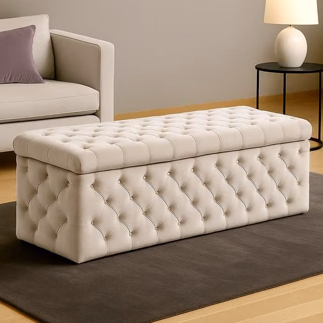R&M Furnishers Wide Lux Chesterfield Ottoman Storage Box in Cream Velvet