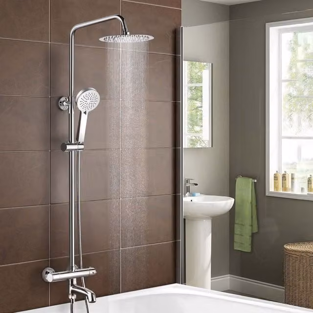Nes Home Round Thermostatic Exposed Shower Kit with Rain Overhead Shower, Hand Shower and Bath Filler in Chrome Metallic Silver