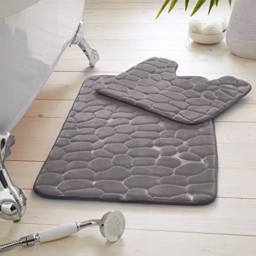 Gaveno Cavailia 2 Piece Memory Foam Pebble Bath Set in Grey with Bath Mat and WC Pedestal Mat