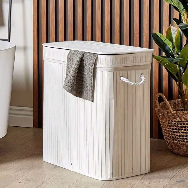 Wyld and Coco Bamboo Laundry Hamper with Zippered Lid and Two Compartments, White