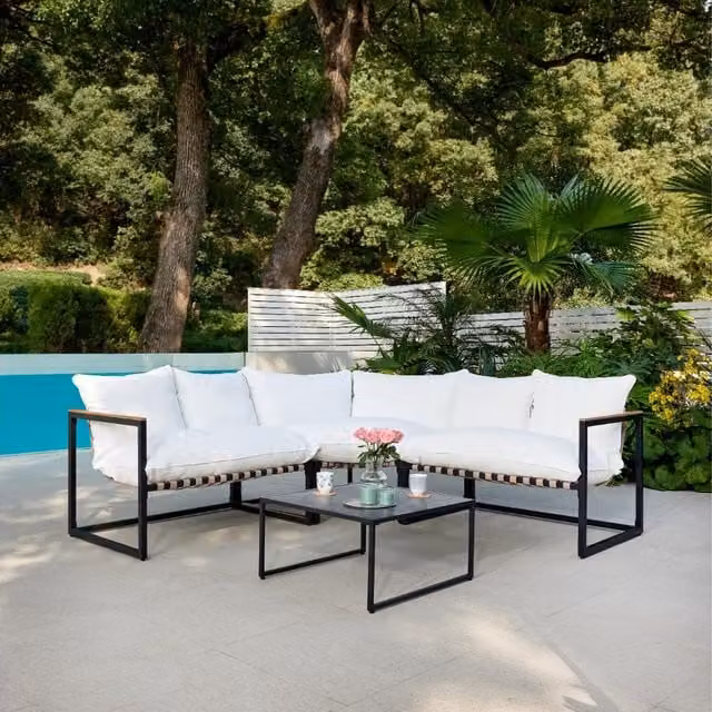 Alhambra Ivory L-Shape Corner Garden Furniture Set with Powder Coated Steel Frame and Weather Resistant Cushions