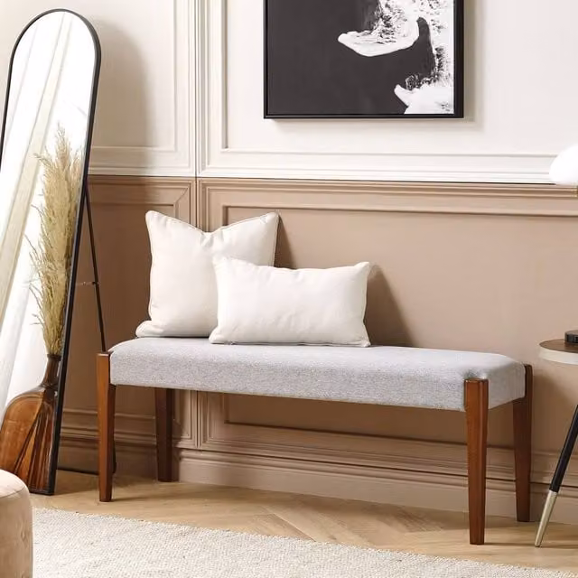 Wyld and Coco Hallway Bench with Grey Fabric Upholstered Seat and Dark Wood Frame