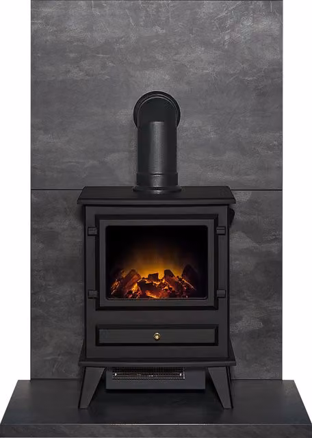 Acantha Fires & Fireplaces Tile and Hearth Set in Black Slate Venetian Plaster Effect with Hudson Stove and Angled Pipe