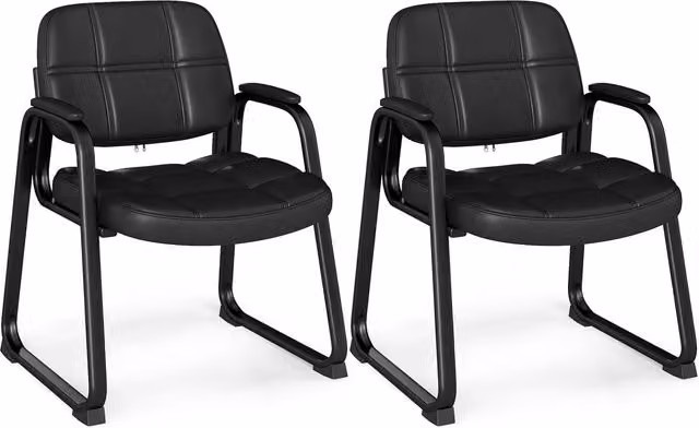 Set of 2 Costway Ergonomic Black Synthetic Leather Visitor Chairs with Armrests and Cantilever Base