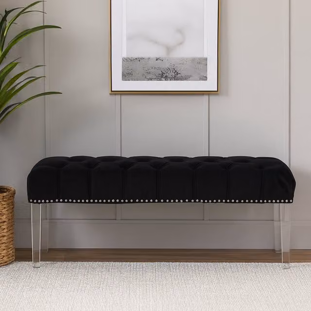 Orsina Modern Black Velvet Upholstered Bench with Transparent Legs