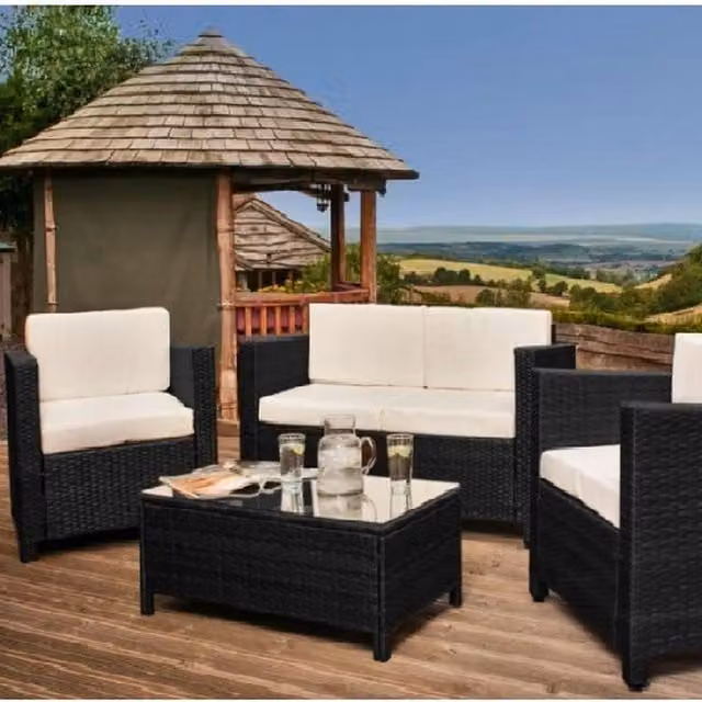 Comfy Living 4 Piece Black Polyrattan Garden Furniture Set with 2 Seater Sofa, Armchairs and Coffee Table