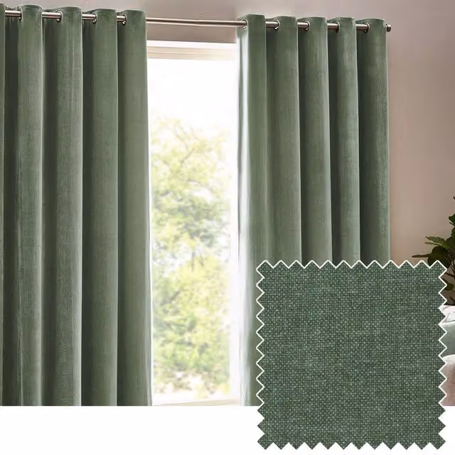 Make It A Home Heavy Chenille Velvet Eyelet Curtains, Green, Width: 229 cm, Height: 229 cm