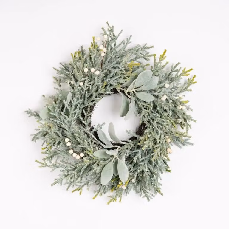 Scottish Everlastings Ltd Pre-lit Frosted Round Wreath with Lambs Ear in Green, Diameter: 45 cm