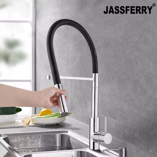 JASSFERRY High Arc Pull Out Spout Kitchen Mixer Tap in Silver Chrome