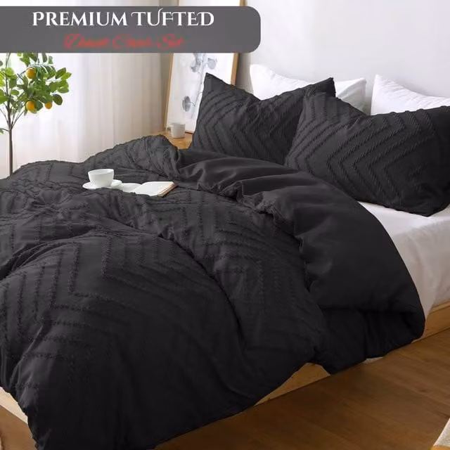 Grace Reversible Tufted Microfibre Duvet Cover and Pillowcase Set, Black, W/D/H: 140 x 200 cm and 50 x 75 cm