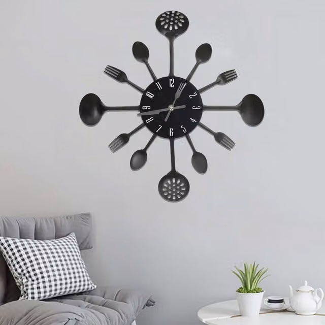 Berkfield Home Round Analog Wall Clock with Spoon and Fork Design in Black Metal, Diameter: 40 cm