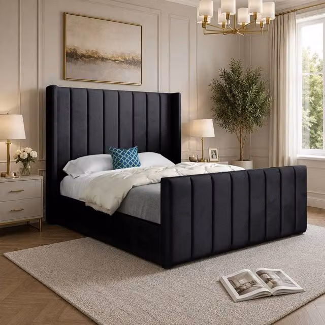 Casani Sherburn Straight Winged Designer Bed Frame in Black Soft Velvet, W/D/H: 137 x 120 x 200 cm