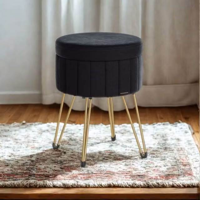 Pirlo Plush Velvet Round Ottoman Footstool with Storage in Black